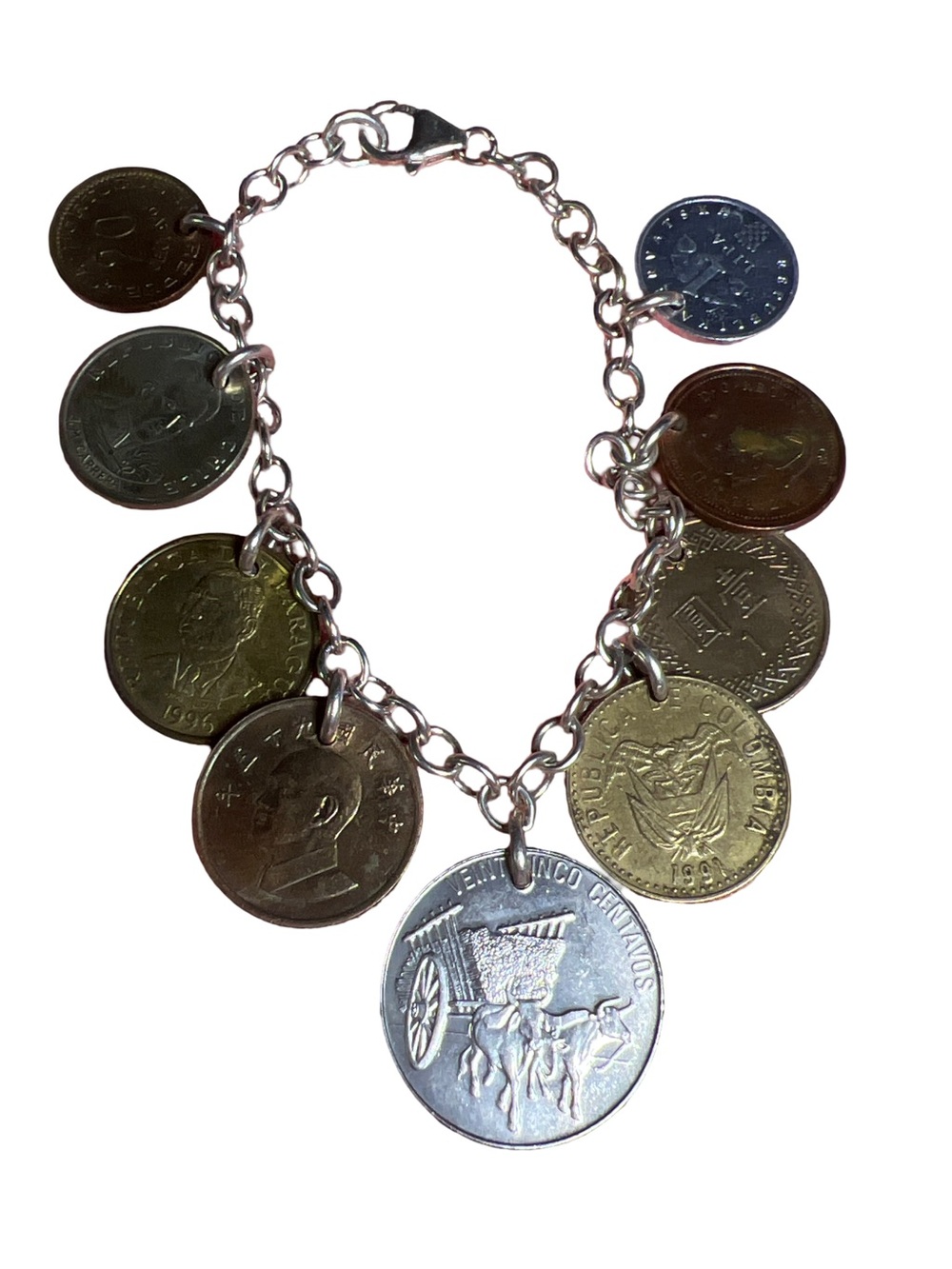 Vintage 925 Sterling Silver Charm Bracelet with Coins of the World
